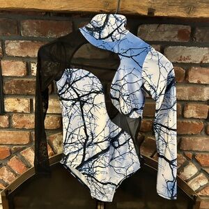 Abstract Branch Print Long Sleeve Leotard with Rhinestones